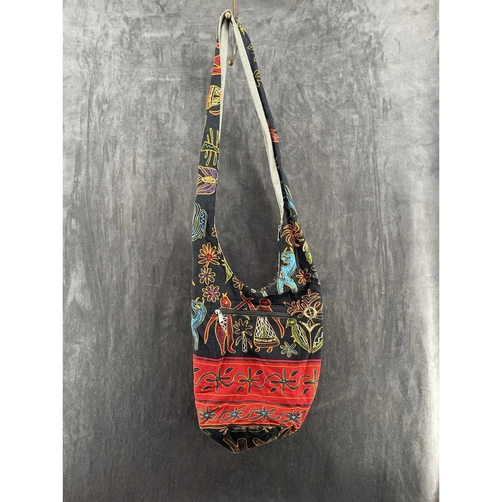 Boho Embroidered Crossbody Hobo Bag Black Floral Ethnic Festival Shoulder Tote